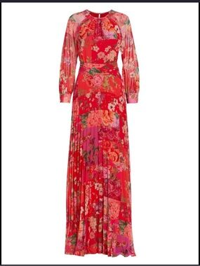 Teri Jon Red Floral Long-Sleeve Pleated Maxi Dress